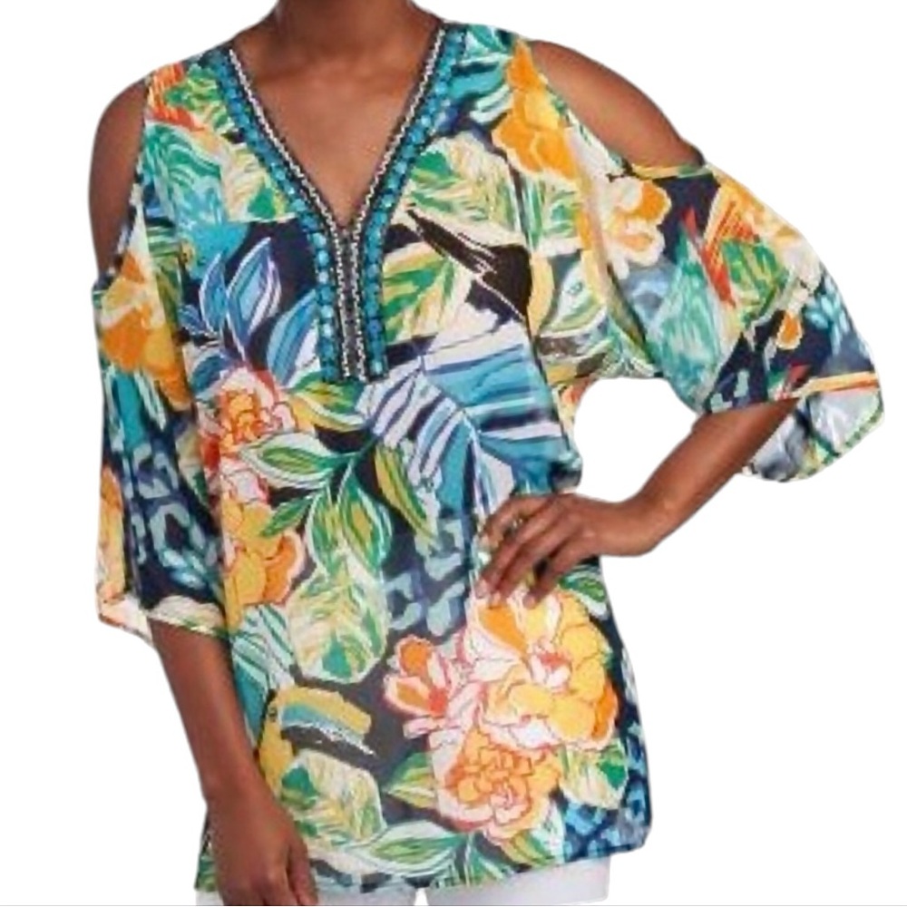 Melissa Paige floral Cold Shoulder Top tunic coverup tropical beachy resort